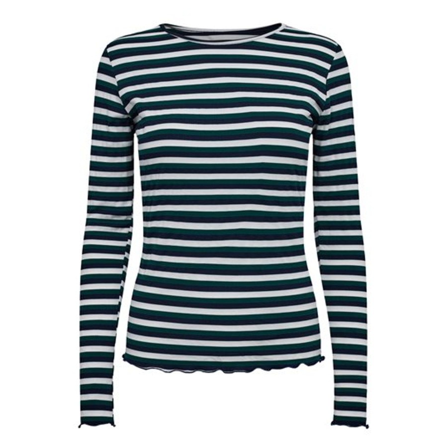 Bluser Liberté essentiel | Liberte - Natalia Ls Round Neck Blouse - Dark Blue Green White Stripe