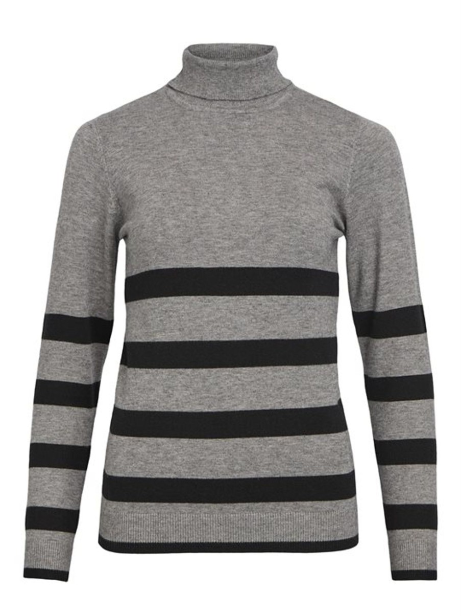 Strik Object | Object - Thess Ls Rollneck Knit Pullover - Gra Sort Strib