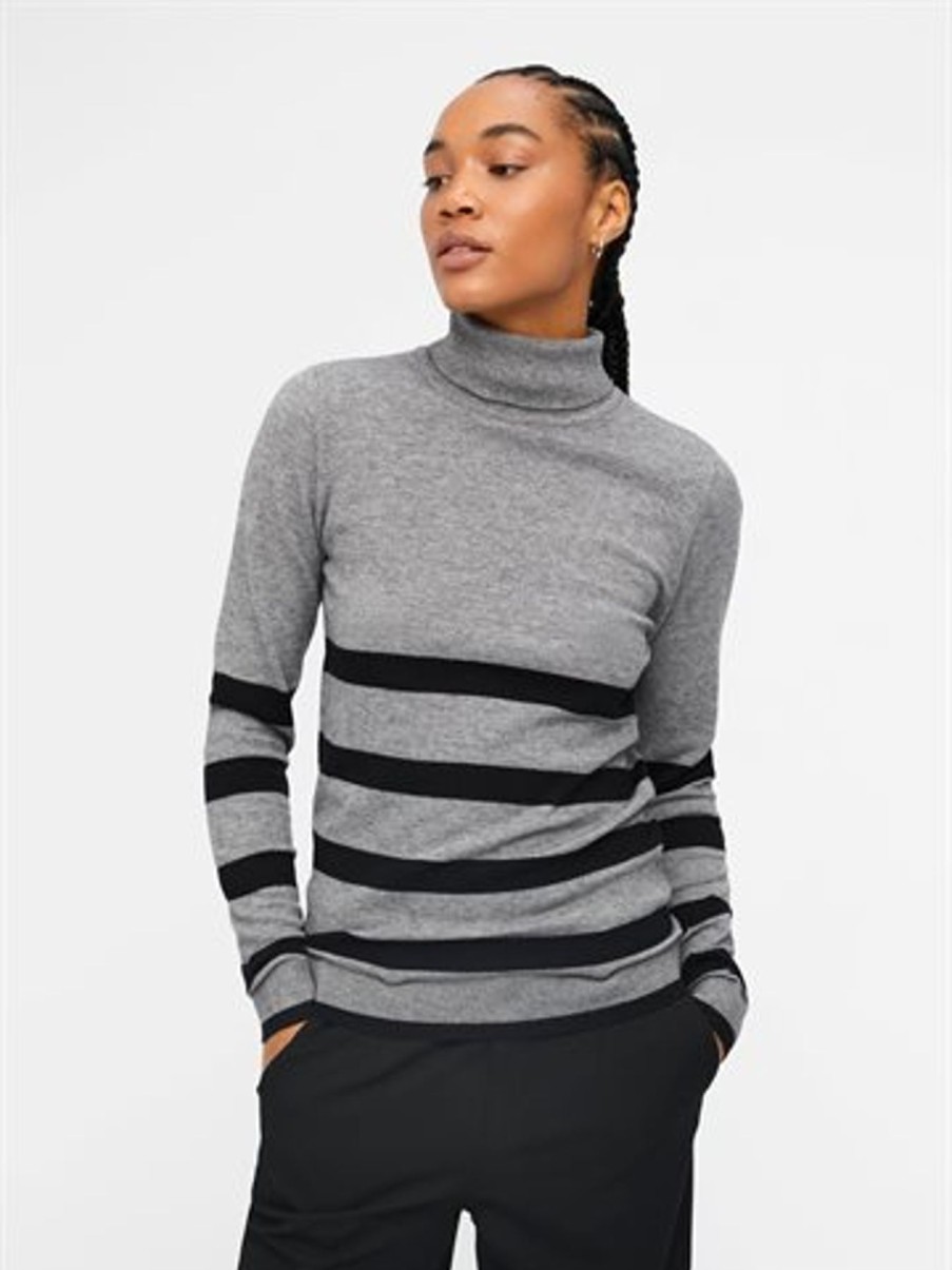 Strik Object | Object - Thess Ls Rollneck Knit Pullover - Gra Sort Strib