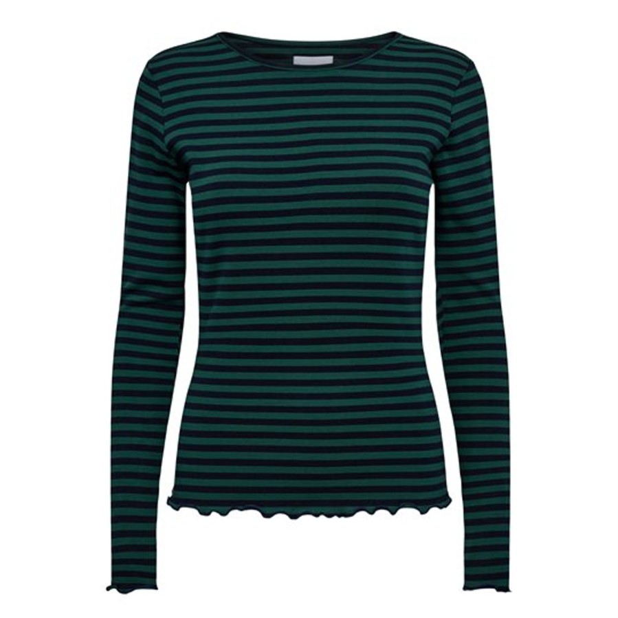 Bluser Liberté essentiel | Liberte - Natalia Ls Round Neck Bluse - Dark Blue Green Stripe